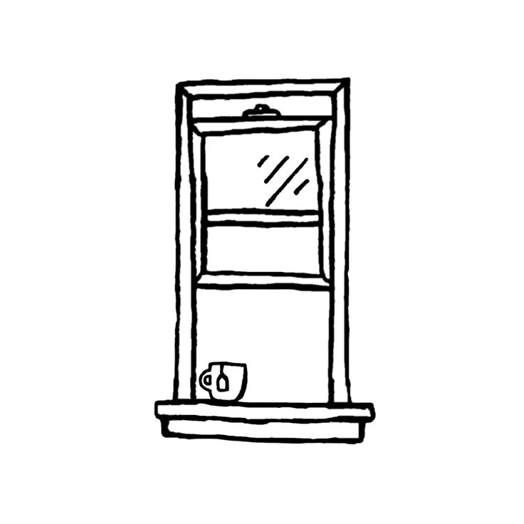 a black and white drawing of a window with a cup on it's ledge