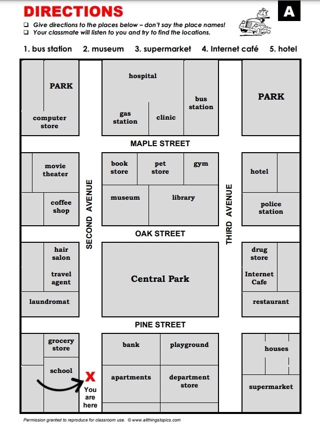 a map with directions to different locations in the city, including parking spaces and other places