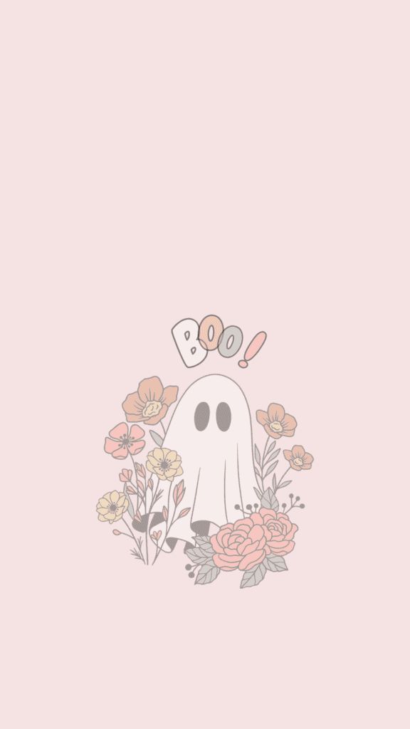 a pink background with a ghost and flowers