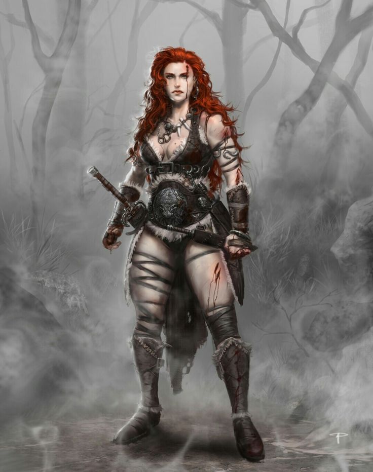 a woman with red hair and armor standing in front of trees holding two swords on her shoulder