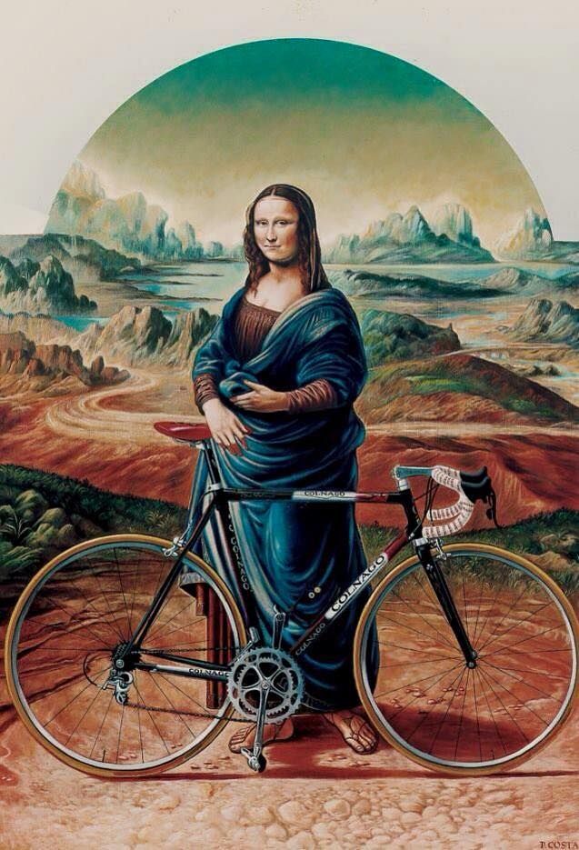 a painting of a woman on a bike with the words i followed my heart and it led me to my bike