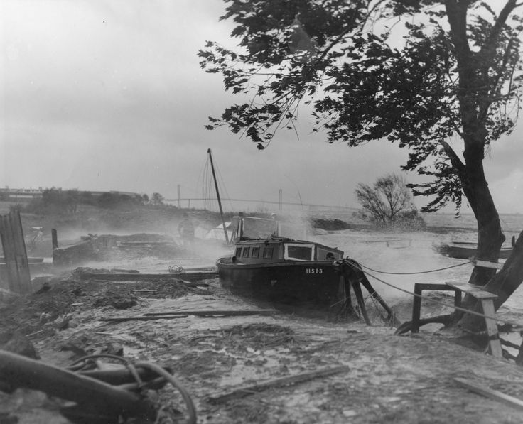 an old photo of a boat in the water next to a tree and fenced area