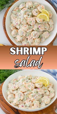 shrimp salad in a white bowl with lemon wedges and parsley on the side