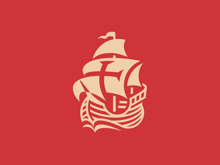 a red and white ship with sails on it's side, against a red background