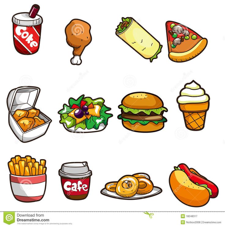 cartoon fast food clipart with different foods and drinks on white background, including fries, hotdogs