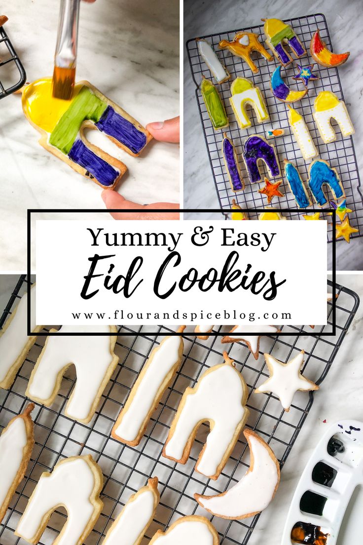 homemade edible cookies with the words yummy and easy spelled in white icing on a cooling rack