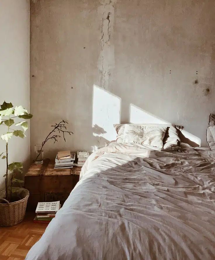 an unmade bed sitting in a bedroom next to a plant on top of a wooden table