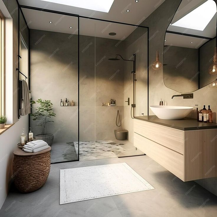 a bathroom with a sink, toilet and shower stall in it's own area