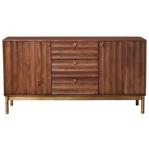 the sideboard is made from wood and has three drawers with brass pulls on each side