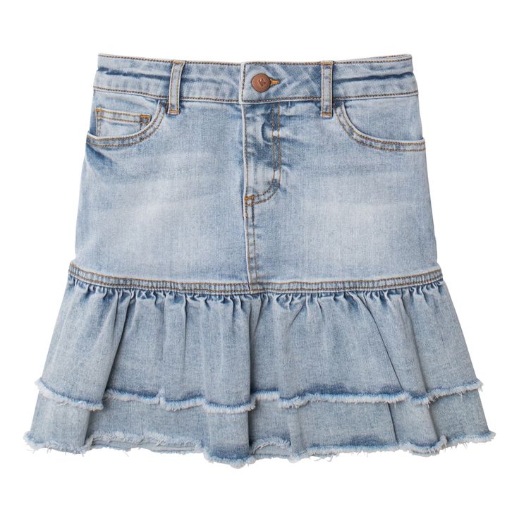 Light wash denim skirt featuring two tiers and raw hem in super soft stretch denim. Machine wash Imported Style Number: S110B10008, S110B10008_1486 Ruffle Denim Skirt, Colorful Skirts, Tennis Skirts, Upcycle Jeans, Jeans Bag, Light Wash Denim, Ruffle Skirt, Mix Match, Toddler Outfits