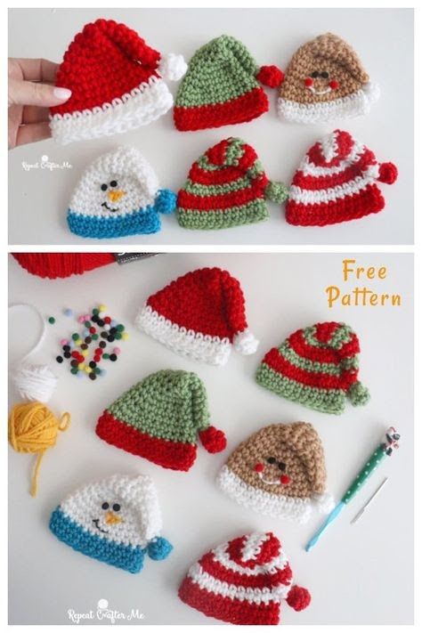 crocheted christmas hats are shown in two different colors and one has a snowman on it