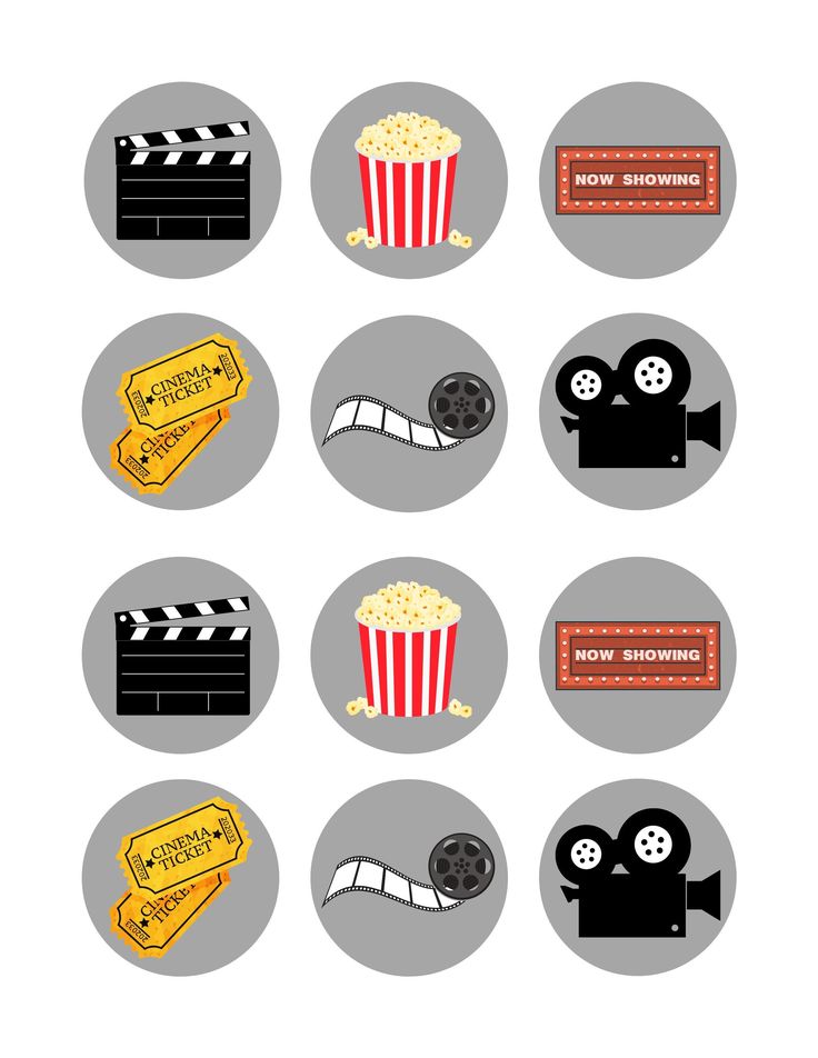 some movie related items are shown in this image, including popcorn and film reels