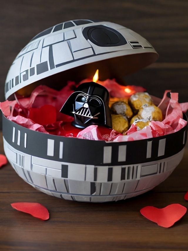 a star wars cake in a bowl with some candy on the table next to it