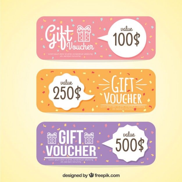 three colorful gift vouchers with confetti and hearts on the top one