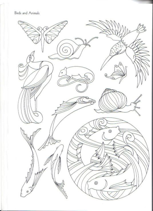 an image of some birds and animals in the air with swirly lines on them