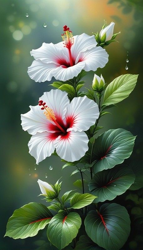 two white and red flowers with green leaves in the foreground, on a dark background