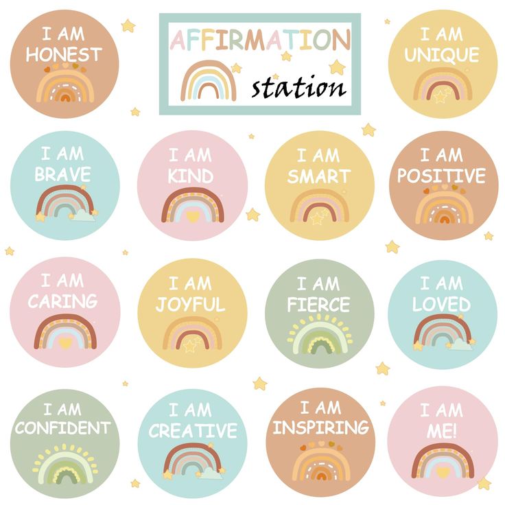 stickers with the words affirmation station and rainbows in different colors on them