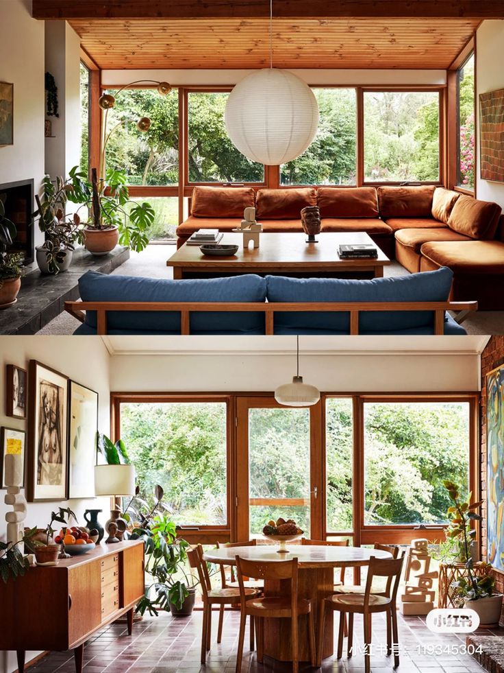 the inside of a house with lots of windows and furniture in it, including couches