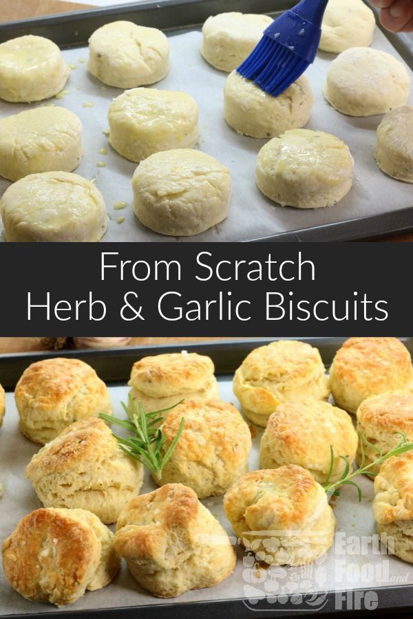 two images side by side one shows herb and garlic biscuits, the other shows fresh herbs