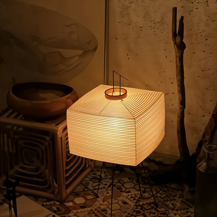 a lamp sitting on top of a wooden table