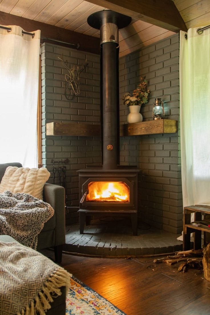 a wood burning stove in a living room