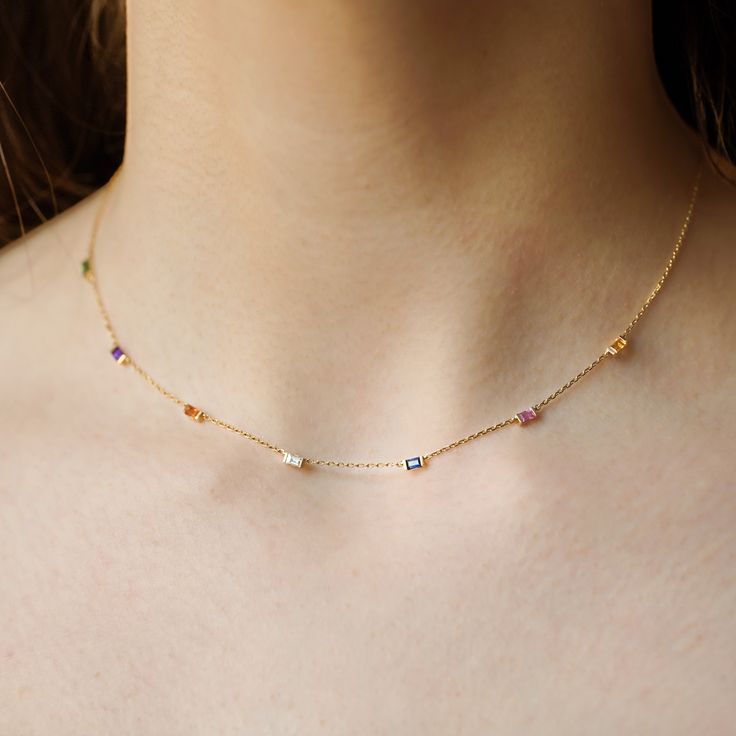 18k Recycled Gold Necklace  (750 thousandths) , round curb chain and baguette-cut fine and precious stones: diamonds, emerald, sapphire, pink sapphire, orange sapphire, yellow sapphire and amethyst.

 Total length of the necklace: 38 - 40 cm

 Gold weight: 3.49 g
 Stone carat weight: 0.49 ct Multi-stone Diamond Necklace Gift, Multicolor Cubic Zirconia Pendant Necklace, Precious Stones Jewelry, Wedding Ring Necklaces, White Diamond Ring, Orange Sapphire, Jewelry Lookbook, Wedding Rings Unique, Sustainable Jewelry