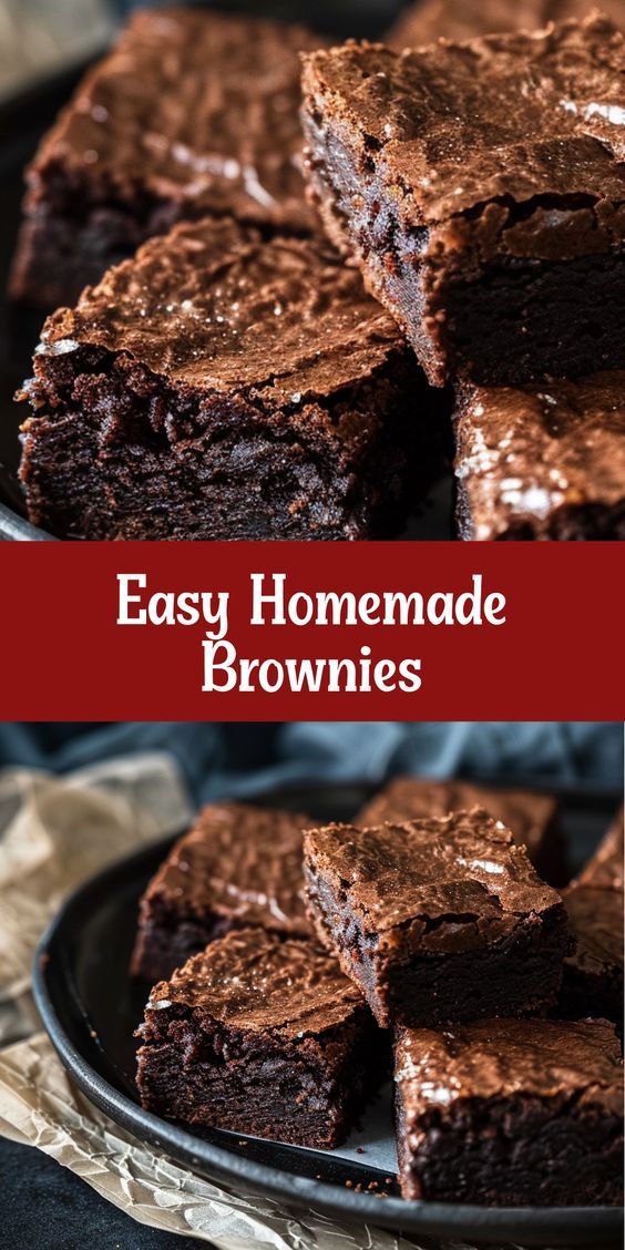 chocolate brownies stacked on top of each other with the words easy homemade brownies