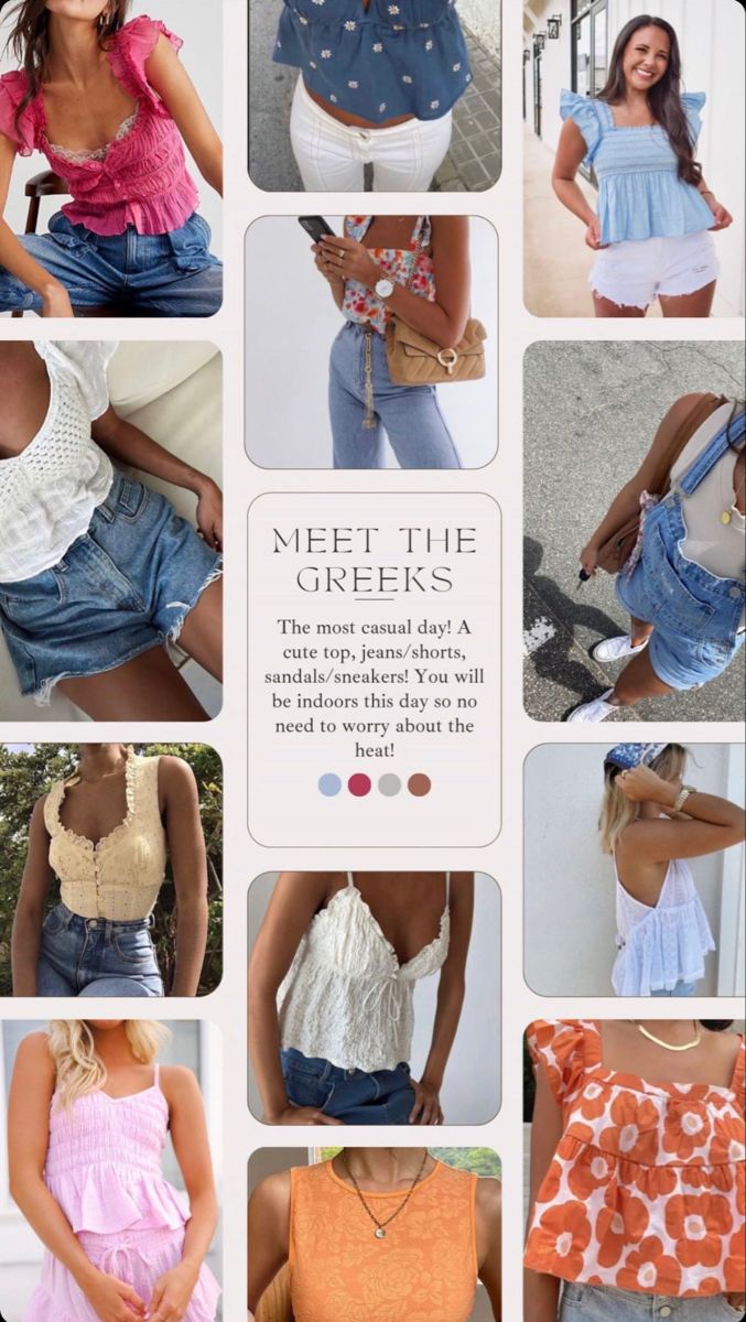 a collage of different types of tops and shorts with pictures of women in them