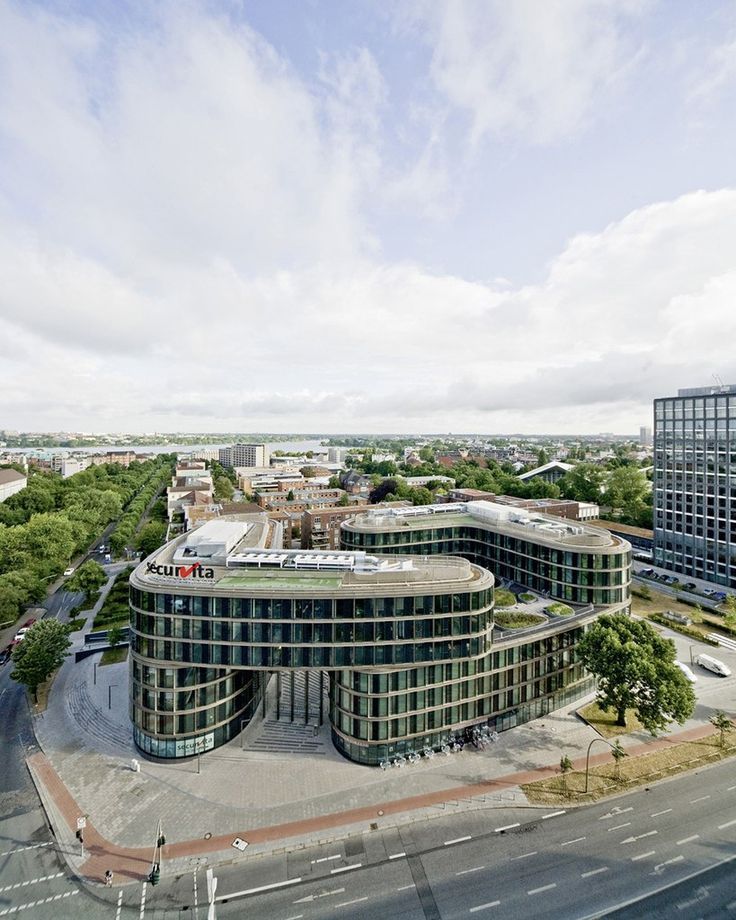 an aerial view of a large building with many windows