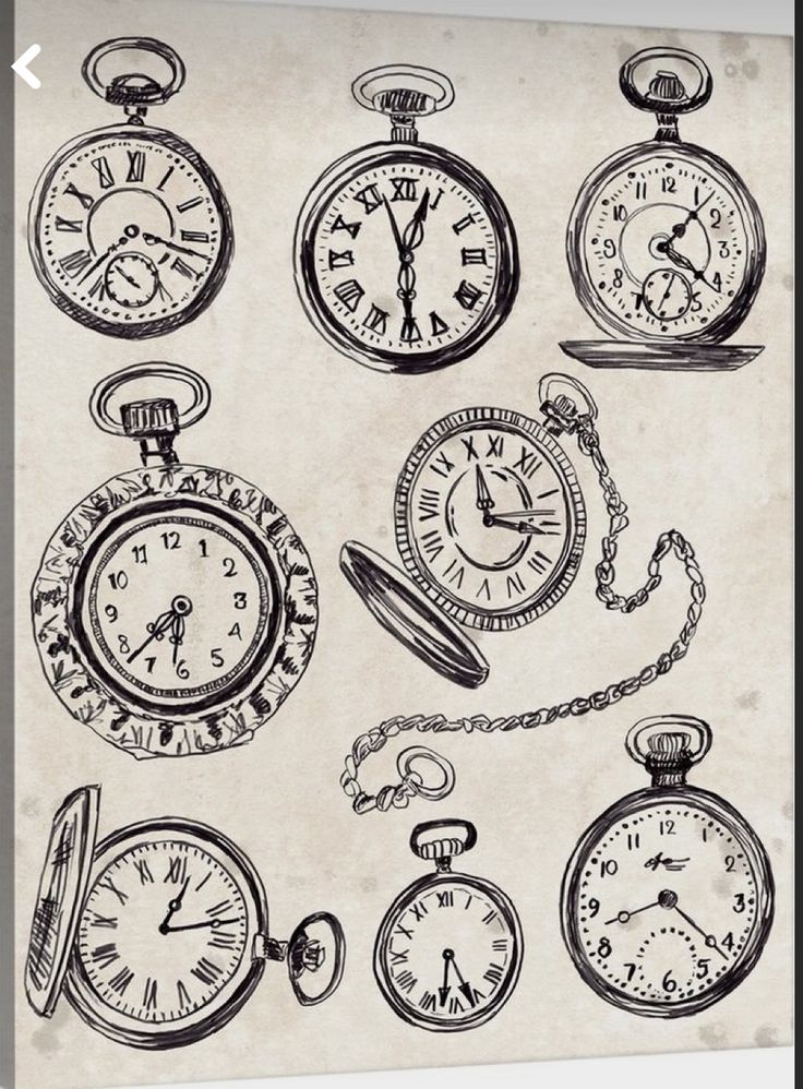 a set of nine different pocket watches drawn in pen and ink on old parchment paper