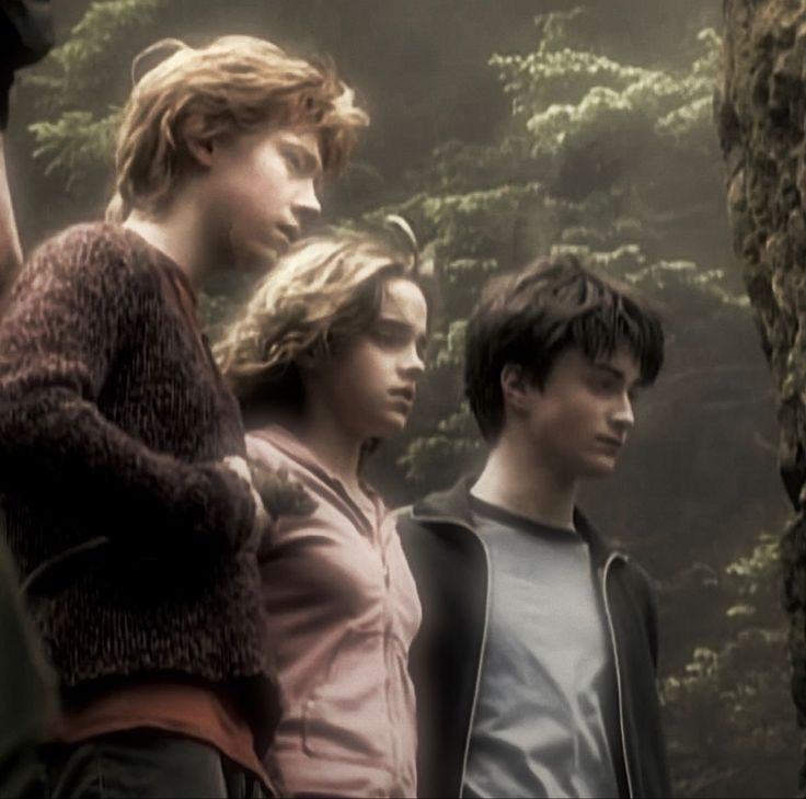 three young people standing next to each other in front of some rocks and trees,