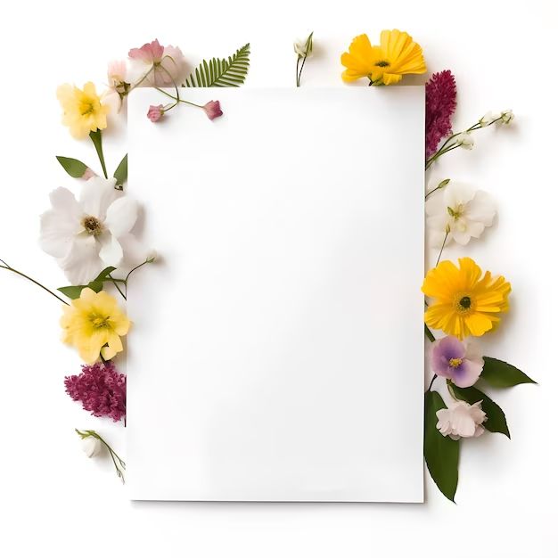 an empty sheet of paper surrounded by flowers on a white background with space for text