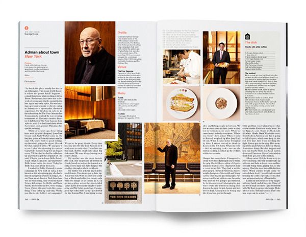 an open magazine with pictures of people and food on it's pages, including a man in a suit