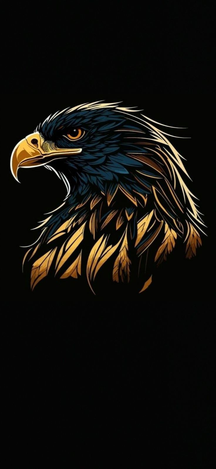 an eagle is shown in the dark with gold and blue feathers on it's head