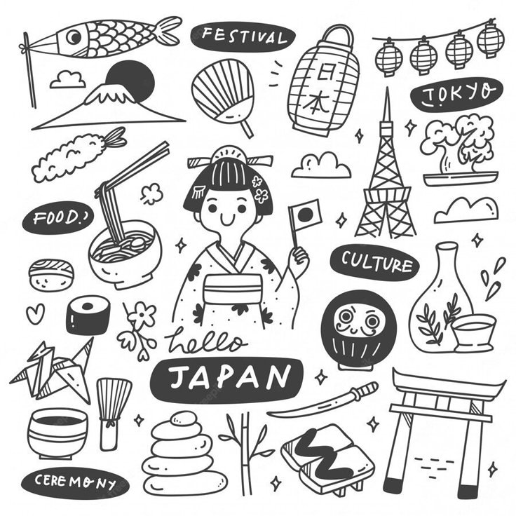 the japanese culture is depicted in this black and white doodle style illustration, which includes symbols