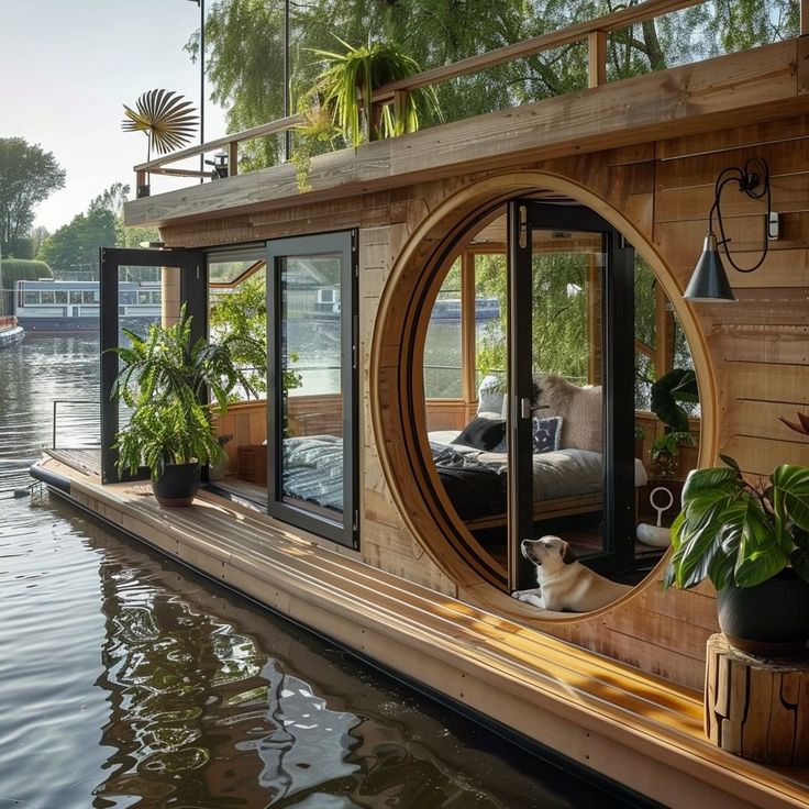 a house boat with plants on the deck and a dog sitting in the water next to it