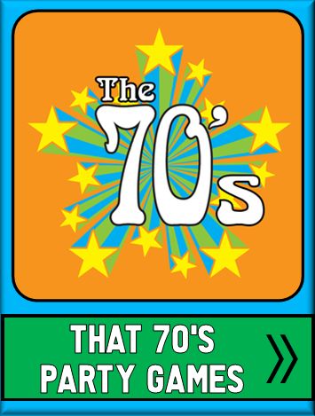 the 70's that 70s's party games logo on an orange and blue background