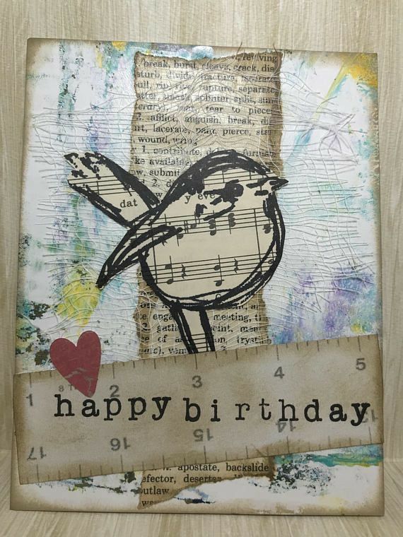 a happy birthday card with an image of a bird and music notes on the front