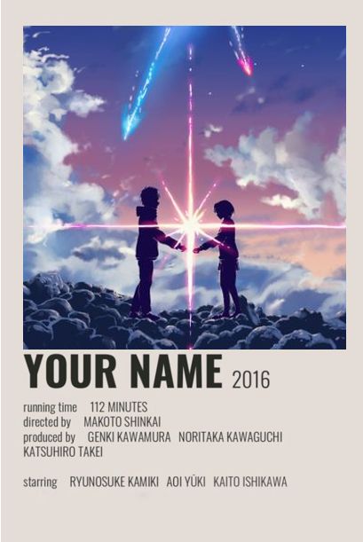 an anime poster with two people holding hands and the words your name written on it