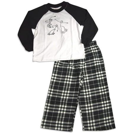 Wes and Willy - Boys Long Sleeve Skateboard Pajamas, White, Black, Long Sleeve Baseball Style Top, Ribbed Neck, Stick Figure Skateboarders Graphic, Plaid Pant, Full Elastic Waistband, Flame Resistant, 100% Polyester, Made In China, #29768 29-768 Size: 3T.  Color: Beige.  Gender: male.  Age Group: toddler. Skateboard Culture, Pajamas White, Plaid Pant, Sleep Sets, Kids Clothes Boys, Boys Pajamas, Sleep Set, Plaid Pants, Boys Long Sleeve