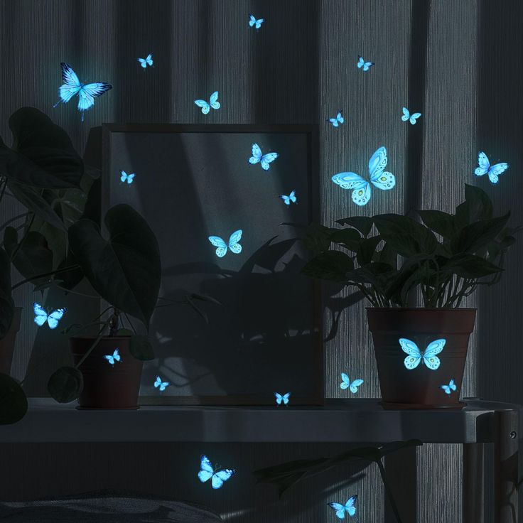 the butterflies glow brightly in the dark room