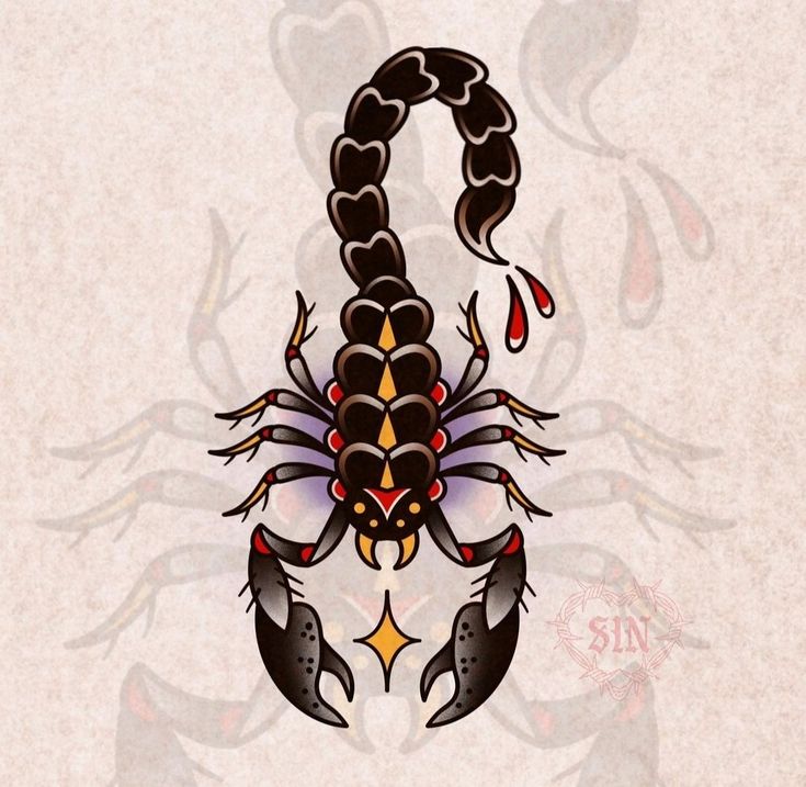 a scorpion tattoo on a white background with black and red designs in the shape of hearts