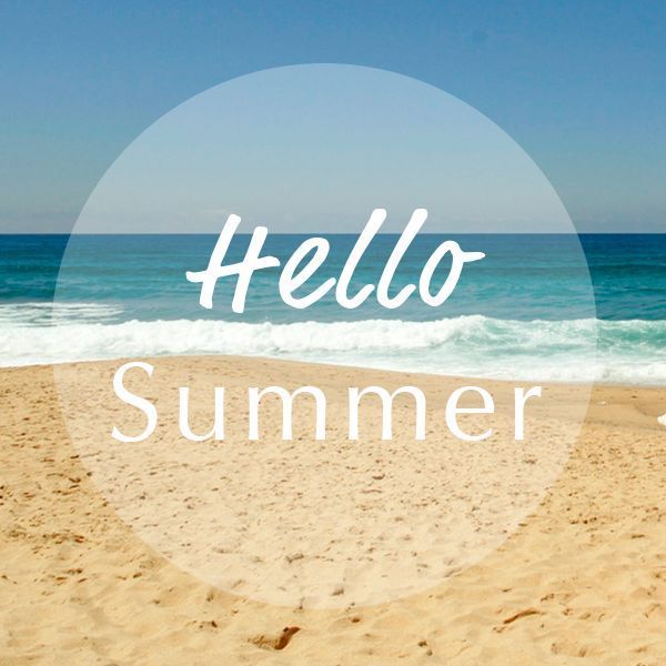 the words hello summer written in white over an image of beach and ocean with waves