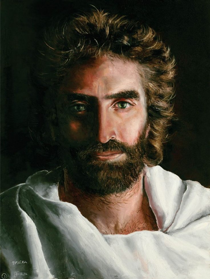 a painting of a man with long hair and beard wearing a white robe, looking to the side