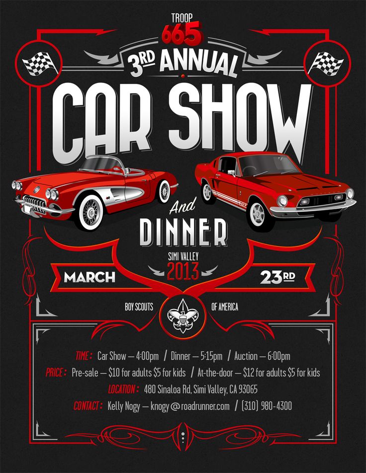 an advertisement for a car show with two classic cars on the front and back side