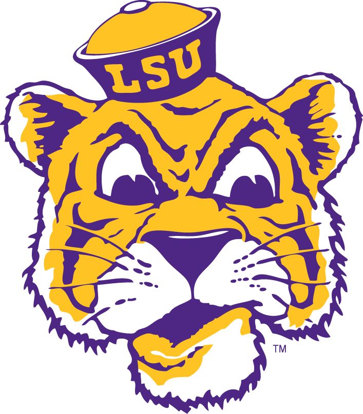 the lsu tigers logo on a white and blue background with an orange tiger's head