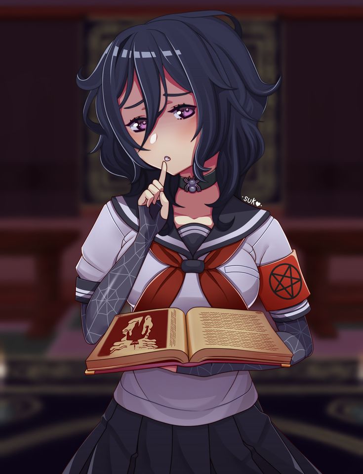 an anime character is holding a book and looking at the camera with her finger in her mouth