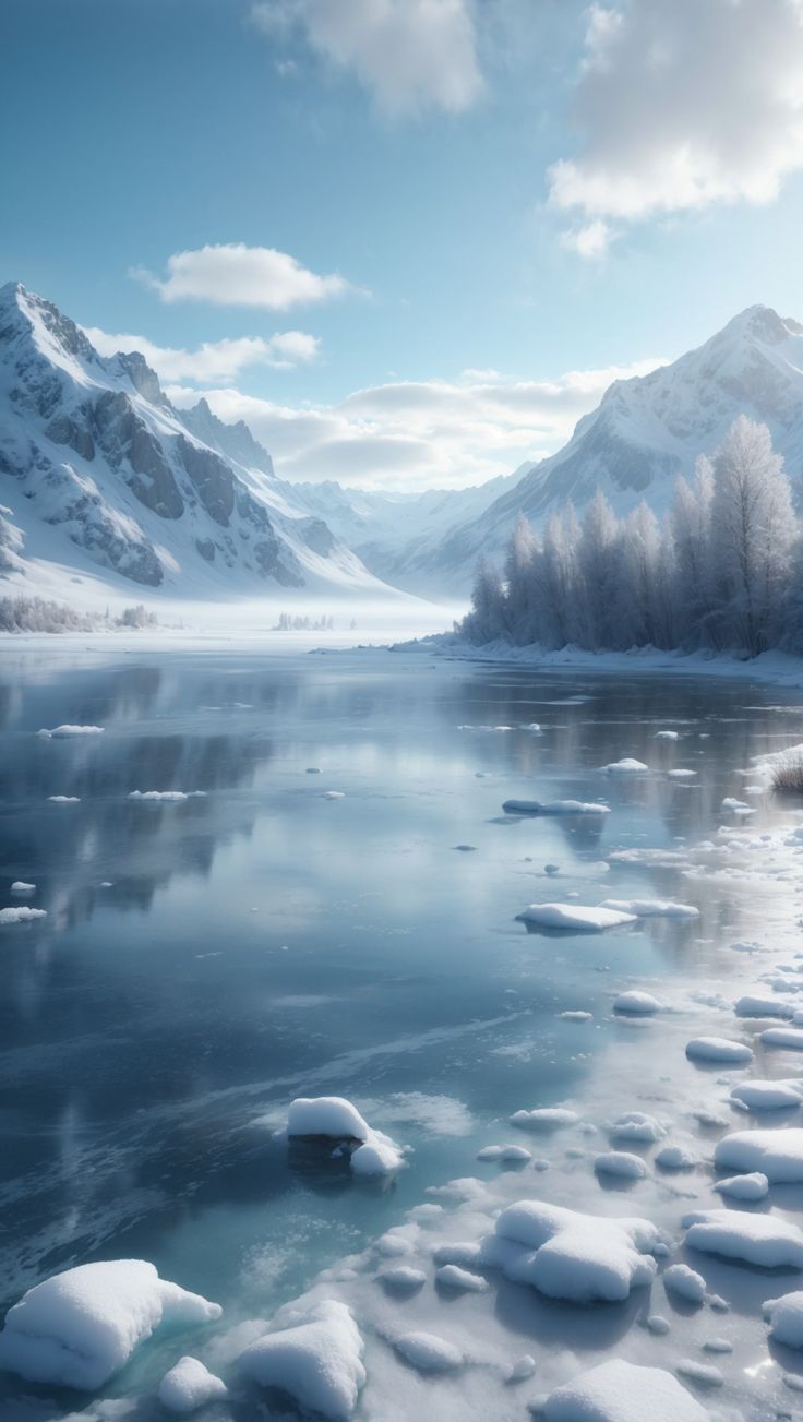 an icy lake surrounded by snow covered mountains