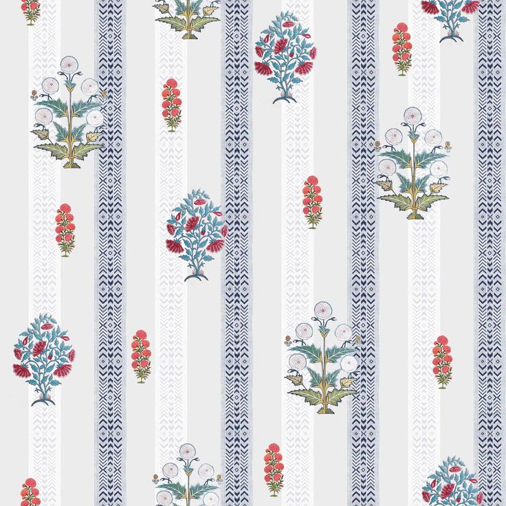 a blue and white striped wallpaper with red flowers on the bottom half of it