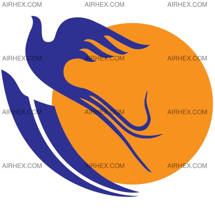 an orange and blue bird flying in front of the sun, with text on it